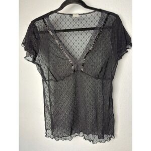 KC Stevens Top Women's Black Sheer lace M/L V-Neck Romantic Goth Coquette
